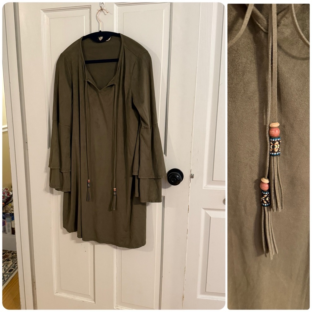 Elegant Olive suede dress with Tassel Accents
